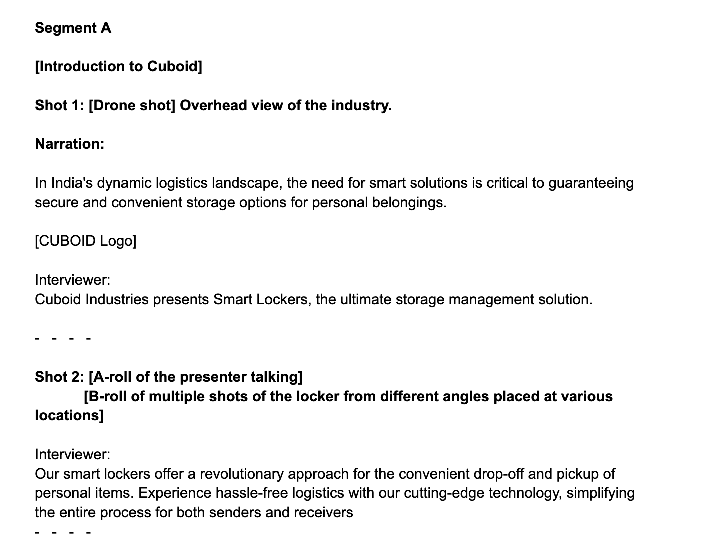 Script excerpt for a corporate film by Cuboid Industries showing the introduction and narration for Segment A. Includes a drone shot of the industry and presenter dialogue describing smart locker solutions.